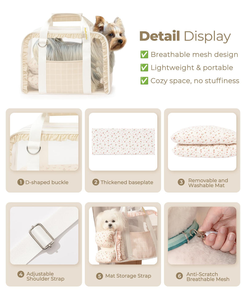 Cat Carrier, Dog Purse with Soft-Sided Pet Carriers, Breathable Mesh for Small/Medium Cats Dogs Puppies (Up to 13lbs), Foldable with Safety Buckle for Travel - Beige - PawsPlanet Australia