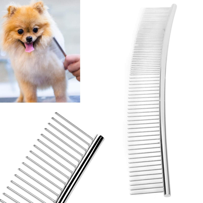 Dog Curved Comb, Pet Comb, Half Thin and Half Dense, Stainless Steel, Silver, for Dogs Cats Puppy Pet Grooming