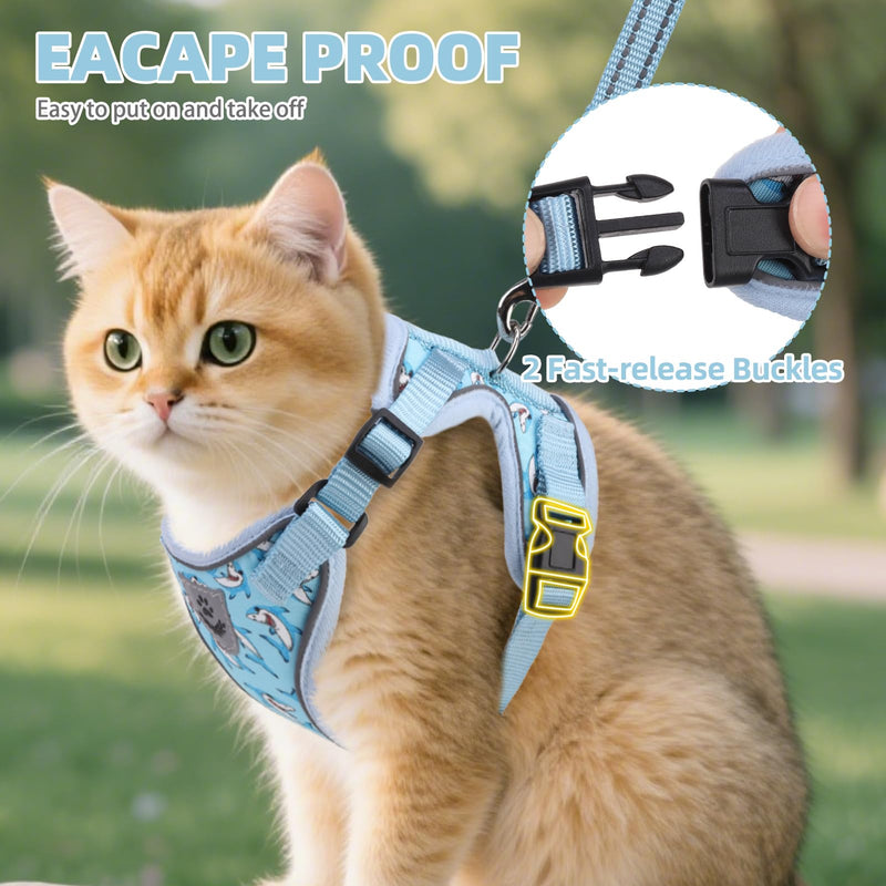 PUPTECK Cat Harness and Leash Set Escape Proof Reflective Cat Walking Harness Adjustable Soft Breathable Mesh Vest for Small Pets, Blue Sharks, M M (NECK 11"-13.7", CHEST 16"-20") - PawsPlanet Australia