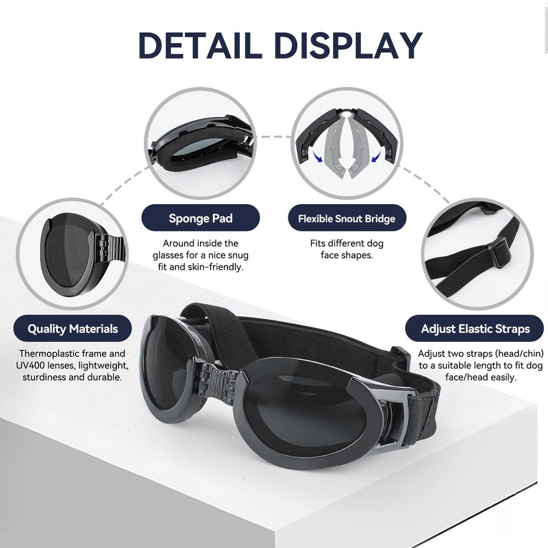 PETLESO Dog Goggles Medium Breeds, Clear UV Protection Dog Sunglasses with Black Replaceable Lenses, Adjustable Doggy Glasses for Outdoor Activities Hiking/Camping Windproof Pet Eyewear Black (Clear+Black Lens) - PawsPlanet Australia
