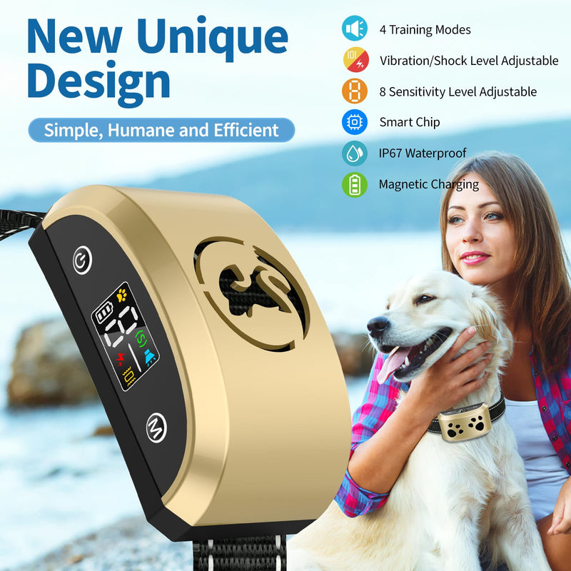 Dog Bark Collar for Medium Large Dogs, Automatic Bark Device with Rechargeable Barking Collar with 8 Adjustable Sensitivity, 4 Training Modes Adjustable Anti Barking for Large Dogs 15-120lbs, Gold Double Paw - PawsPlanet Australia