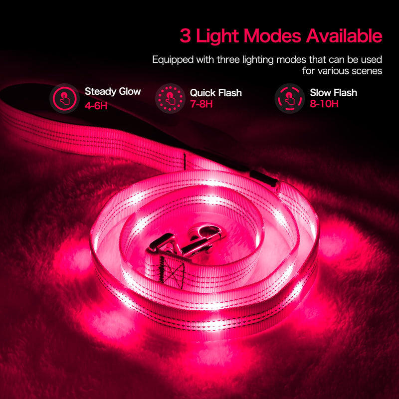 Weesiber Light Up Dog Leash, 4ft LED Dog Leash Rechargeable Puppy Lead Waterproof Safety Glow in The Dark Pet Lights for Night Walking (Pink) Pink - PawsPlanet Australia