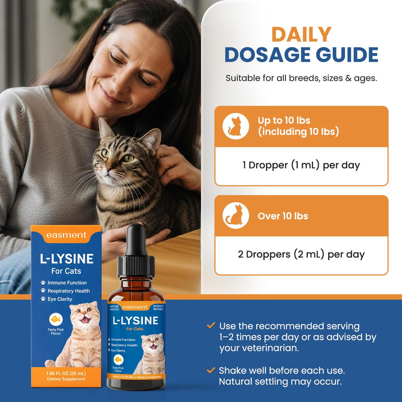 L-Lysine for Cats Liquid Drops Fish Flavor: Immune Support & Respiratory Wellness, Eye & Nose Comfort – Easy-to-Give Cat Lysine Supplement – with Botanical Blend + Vitamins A, B1 & B6 1.86 fl oz