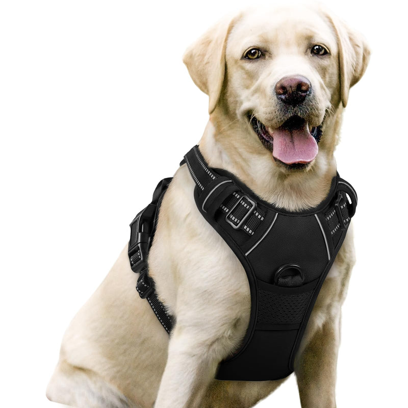 rabbitgoo Dog Harness, No-Pull Pet Harness with 2 Leash Clips, Adjustable Soft Padded Dog Vest, Reflective No-Choke Pet Oxford Vest with Easy Control Handle for Large Dogs, Black, L