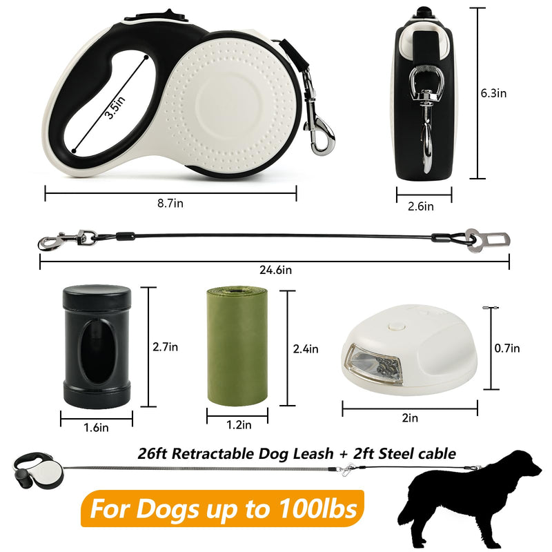Heavy Duty Retractable Dog Leash for Large Dogs, 26ft with Chew Proof Cable, LED Light, Dispenser, 2 Poop Bags. 360° No Tangle, One Button Brake & Lock, for Dogs Up to 100Lbs. (White, 26ft) White - PawsPlanet Australia
