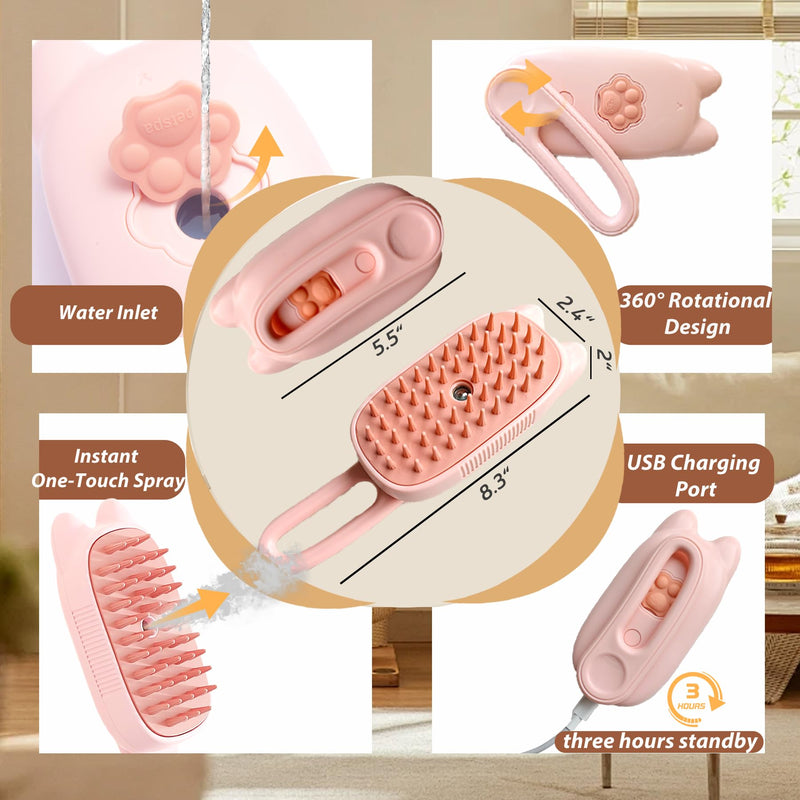 4 in 1 Cat Steam Brush for Shedding,Rechargeable Steam Brush for Cats and Dogs，Anti-Static, Massage, Cleaning, Shedding & Combing All In One for Grooming Multi-functional Pet Brushes Pink - PawsPlanet Australia