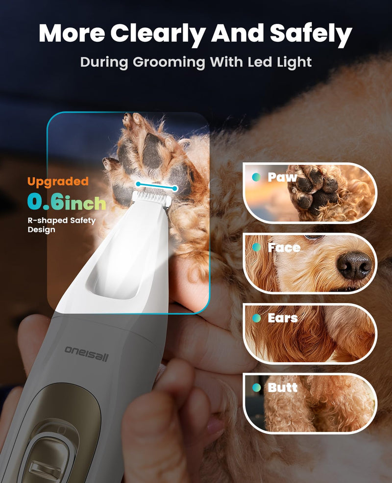 oneisall Quiet Dog Grooming Kit 4 in 1, LED Light Dog Nail Grinder, 2000mAh Pet Grooming Clippers Paw Trimmer for Paw, Nail, Face, Ears, Legs, Body with Storage Bag Gold