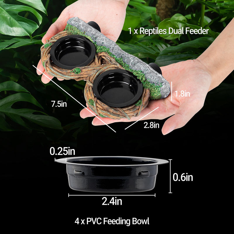 REPTI ZOO Magnetic Reptile Feeding Ledge, Gecko Feeder Ledge with 4PCS Cups, Hollow Vine Food Dish, Reptile Water Bowl for Bearded Dragon Lizard Snake, Reptile Terrarium Tank Accessories Dual Feeder - PawsPlanet Australia