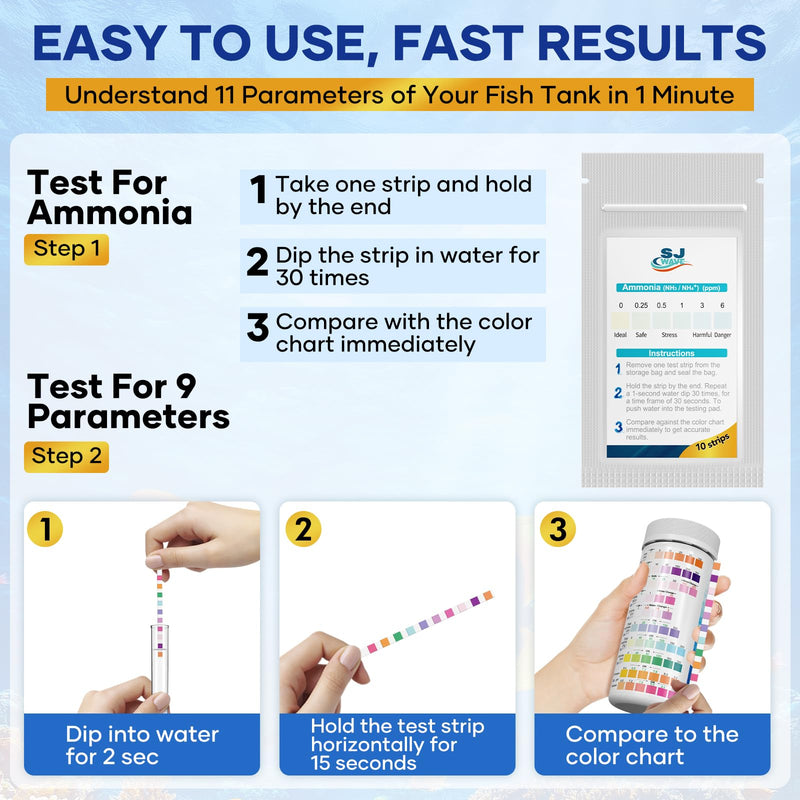 11 in 1 - Aquarium Test Strips | 950 Tests - 150 Strips | Fish Tank Aquariums Water Test Kit & ebook | Aquarium Thermometer | Fish Tank Water Testing Kit Includes 50 Ammonia Strips | Versatile Usage 11 - PawsPlanet Australia
