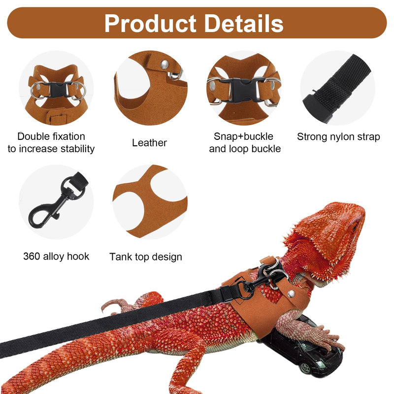 Bearded Dragon Leash and Harness Set - Adjustable Soft Leather Lizard Leash for Reptile, Squirrel, Rat, Small Animal Walking Vest (Brown, 3 Sizes) - PawsPlanet Australia