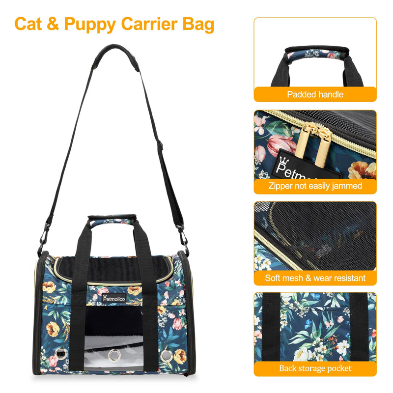 Petmolico Cat Carrier Soft-Sided Pet Bag for Small Medium Cats Puppies 16LBs - Airline Approved Pet Travel Carrier 3 Open Doors (Medium,Green Peony) Green Peony - PawsPlanet Australia