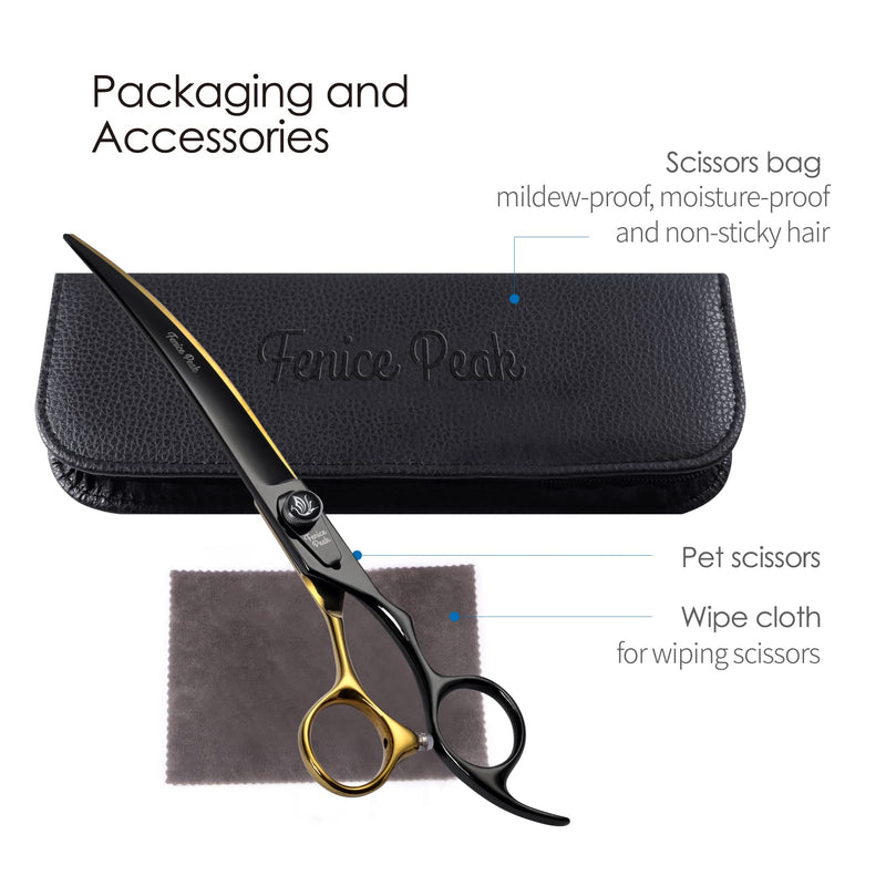 Fenice Peak 7'' Black Dog Grooming Scissors Goldern Curved Scissors with Ergonomic Offest Handle and Pattern Screw Pet Grooming Trimming Shears Durable and Sharp 440C 7'' - PawsPlanet Australia