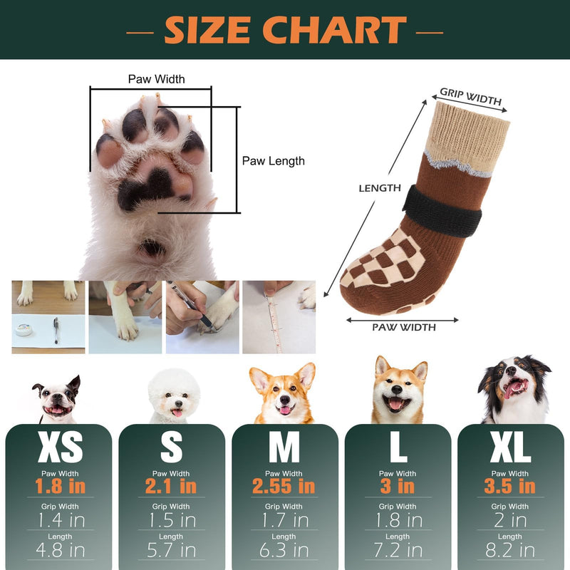 EXPAWLORER Dog Socks to Prevent Licking Paws with Grippers for Hardwood Floors Anti Slip, Reflective Dog Cold Winter Shoes Booties Boots & Paw Protectors with for Small Medium Large Senior Dogs L Brown