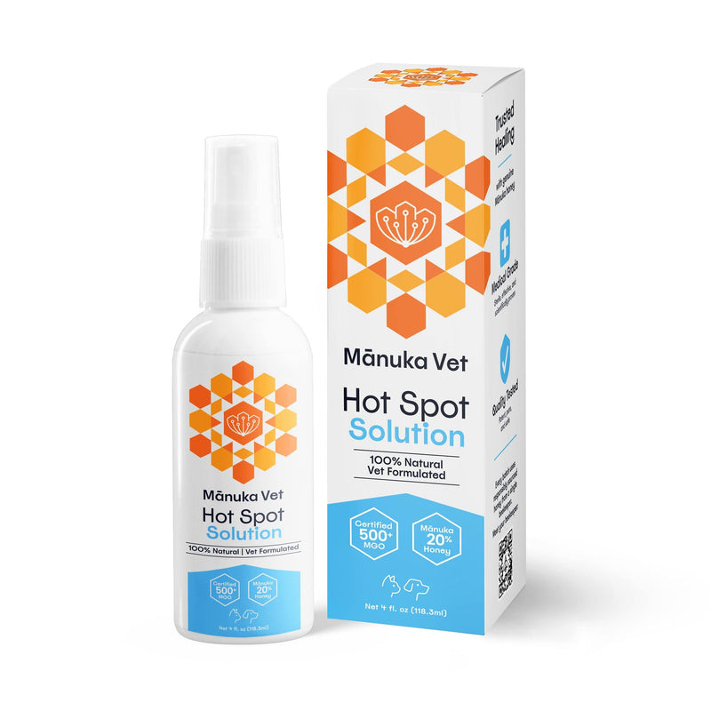 Manuka Vet Hot Spot Solution - 4 Fluid Ounces | 500+ MGO Medical Grade Manuka Honey | Rapid Healing & Skin Repair Treatment for Dogs, Horses and Cats |