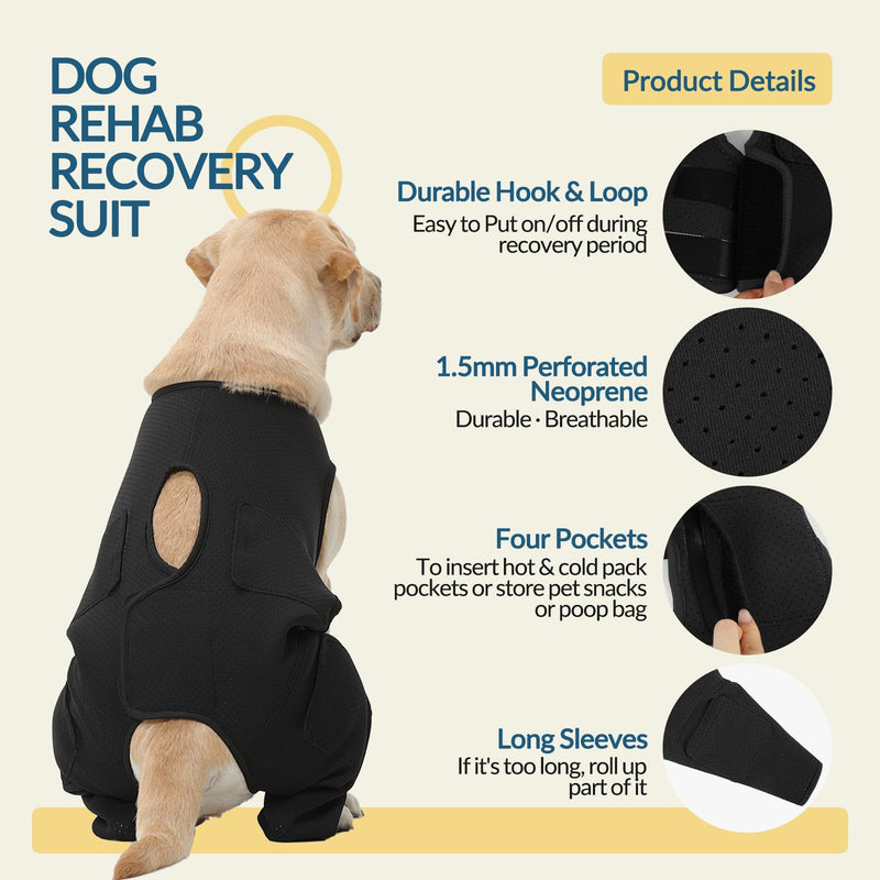 ROZKITCH Dog Post-Op Recovery Suit with Hot & Cold Therapy Pockets, Supportive Neoprene Fabric, Waterproof & Breathable, for Extra Large Dogs, Black 2XL