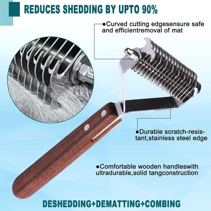 20 Blade Pet Grooming Dematting Tool, Dogs and Cats Hair Stripper/Brush with Wooden Handle, Metal Spring Design for Pets Fur Removal Comb - PawsPlanet Australia