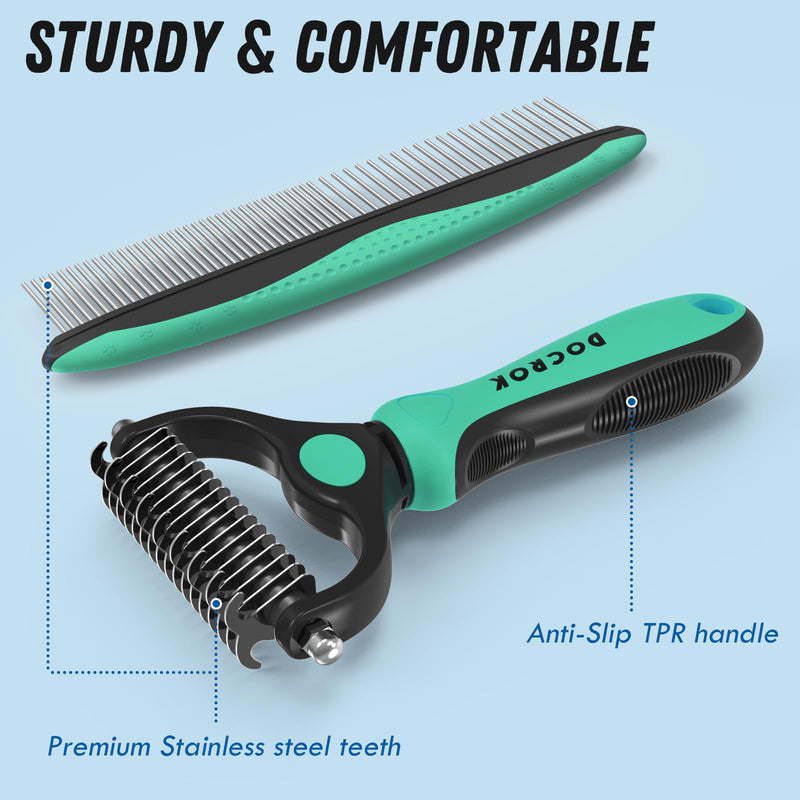 Pet Grooming Brush and Metal Comb Combo, Cat Brush Dog Brush for Shedding, Undercoat Rake for Dogs Grooming, Dematting Deshedding Brush Dogs Shedding Tool for Long matted Haired Pets, Green - PawsPlanet Australia