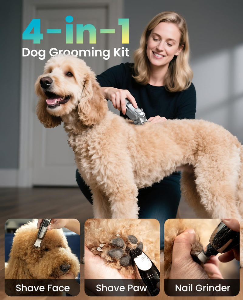 oneisall Dog Clippers for Grooming Thick/Heavy Coats, 4-in-1 Dog Grooming Kit Low Noise with Stainless Steel Blade, Cordless Dogs Paw Trimmer Pet Nail Grinder for Small & Large Dogs Cats Animals - PawsPlanet Australia