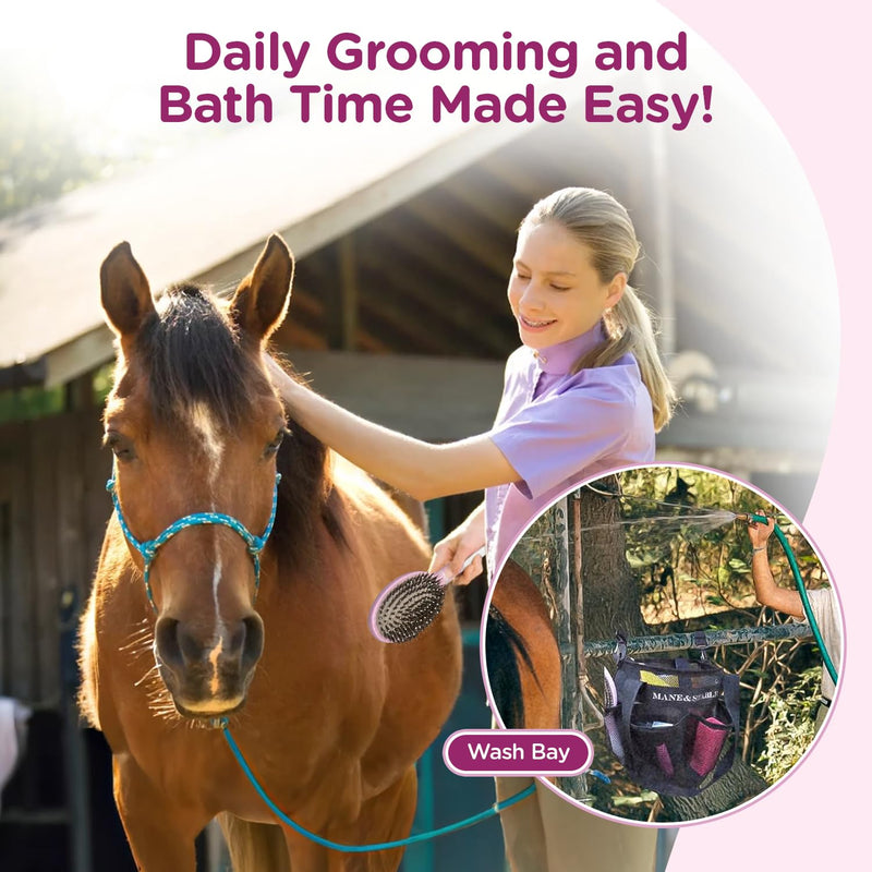 Horse Grooming Bag Hanging Tote with 8 Pockets - Lightweight Mesh Organizer for Horse Supplies, Adjustable Shoulder Strap + Bonus Grooming Set Black - PawsPlanet Australia