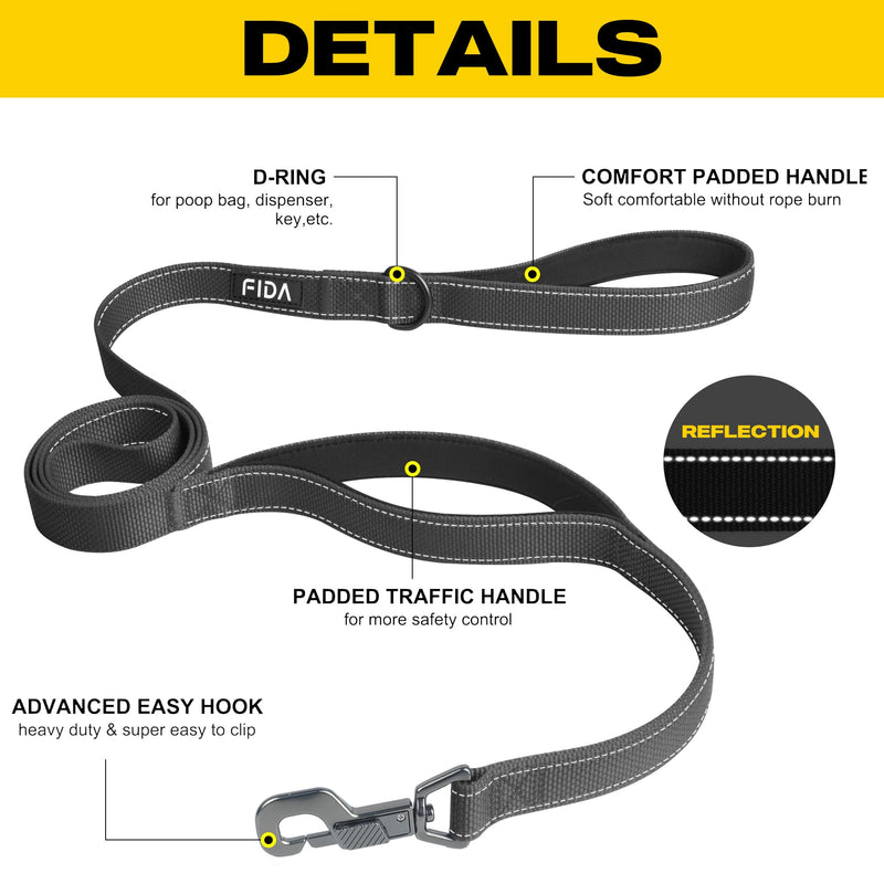 Fida 4 FT Heavy Duty Dog Leash with 2 Comfortable Padded Handles, Traffic Handle & Advanced Easy Snap Hook, Reflective Walking Lead for Large, Medium & Small Breed Dogs (4 FT x 1" Wide, Black) 4 Feet (Pack of 1) - PawsPlanet Australia