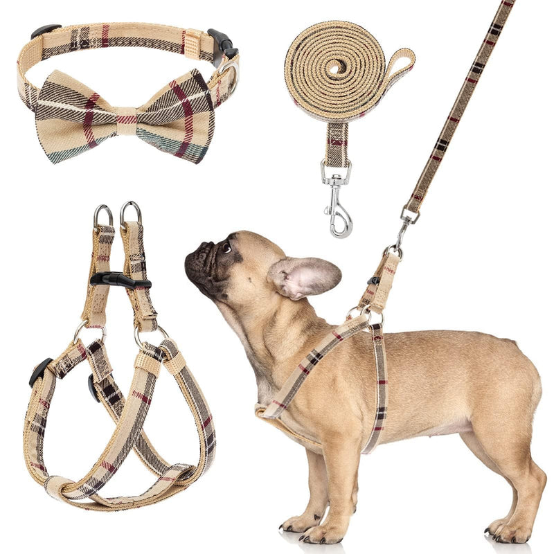 BINGPET Dog Harness Collar Leash Set,Adjustable No Pull Escape Proof Small Dog Harness,Classic Plaid Puppy Harness and Leash Set for Small Medium Large Dogs Training Easy Walk Running(Beige,S) S(Chest Girth:14.9''-20.9'') Beige