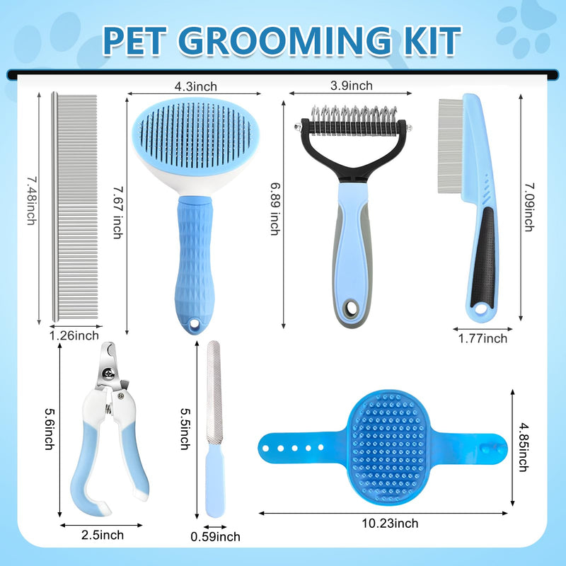 Dog Brush Dog Grooming Kit 7PCS Dog Brush for Shedding-Dog Brushes for Grooming, Dematting Comb for Dogs, Cat Nail Clipper with Nail File, Flea Comb, Pet Comb, Pet Bath Brush-Blue Blue 7Pcs+Bag - PawsPlanet Australia