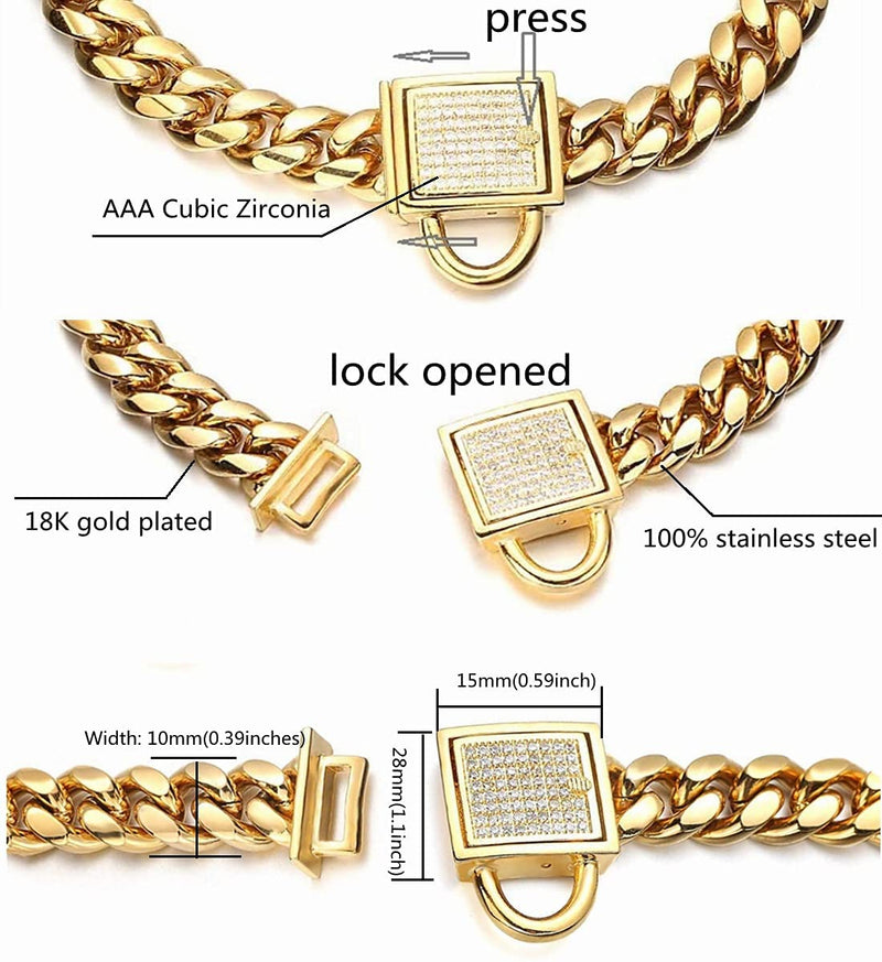 Gold Dog Chain Collar 10mm Wide Cuban Link Puppy Collar 316L Stainless Steel with CZ Diamond Lock Bling Collar for Large Medium Small Dogs(10mm Gold,12inches) Gold, width 10mm 12inch (for 9.6''~11.5'' dog's neck)