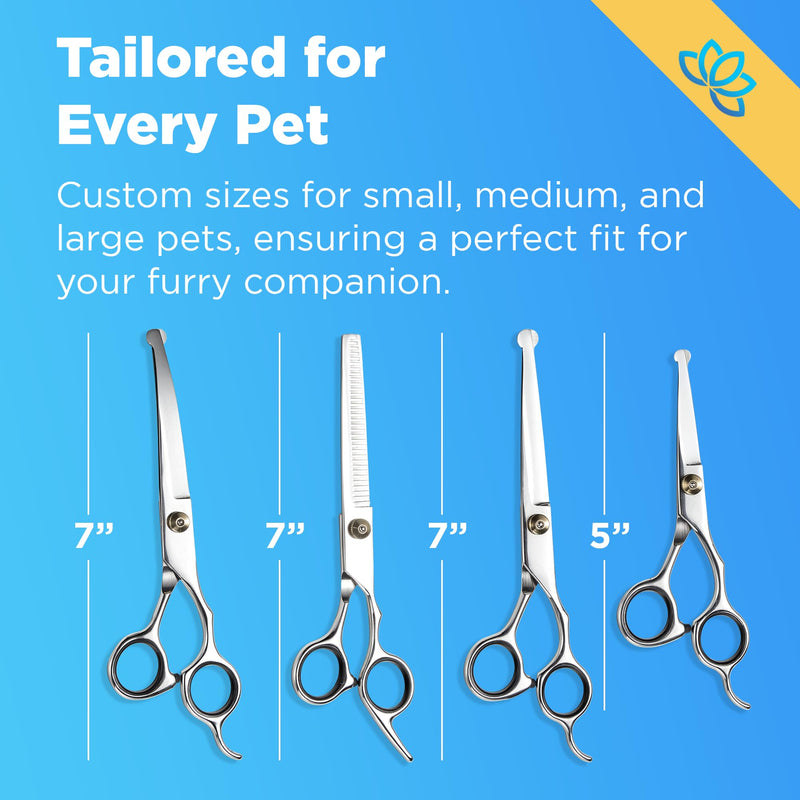 Equinox Dog Grooming Scissors & Deshedder - 7 in 1 Pet Grooming Scissors Set with undercoat brush - Curved Dog Scissors with safety tips - Includes Thinning & Rounded Shears - For dogs & cats Silver- Pet Grooming - PawsPlanet Australia