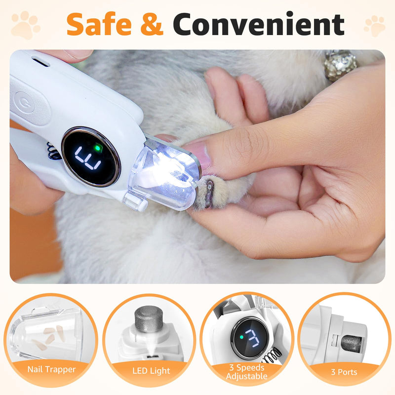 2-in-1 Dog and Cat Nail Grinder and Clipper - 3-Speed Adjustable Electric with Manual Head, Quiet Motor and LED Light for Safe Trimming, Professional Grooming Tool for All Pets