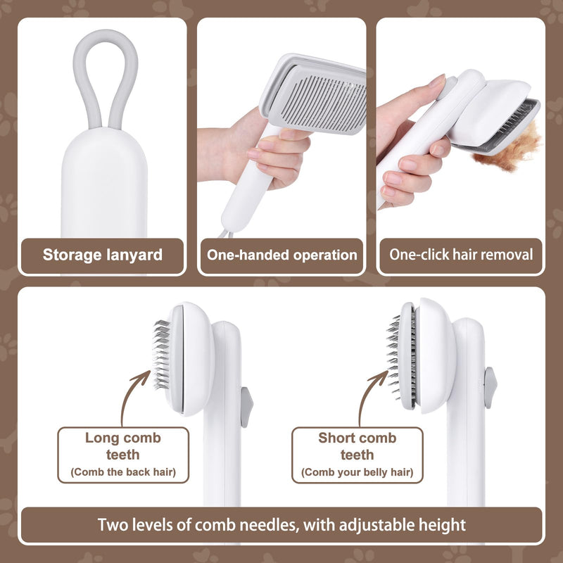 Self Cleaning Deshedding Cat Brush for Dogs & Cats,Adjustable Cat Brushes for Indoor Cats, Easy to Clean Grooming Tool for Long & Short Haired Pets White