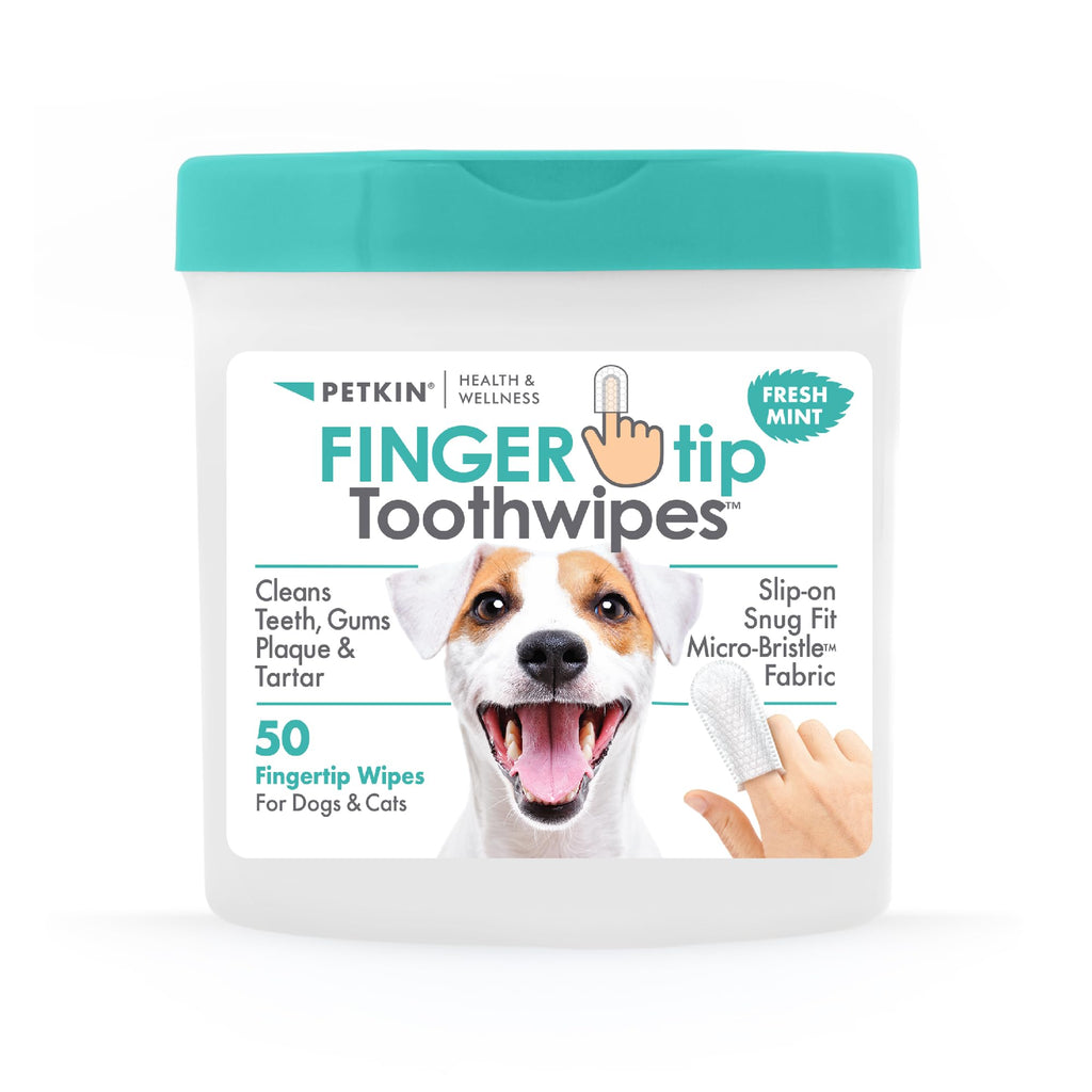 Petkin Fingertip Tooth Wipes for Dogs and Cats, 50 Finger Wipes - Slip-On, Snug Fit, Micro-Bristle Fabric - Cleans Teeth, Gums, Plaque & Tartar - Convenient, Ideal for Home and Travel - Fresh Mint 1 Pack