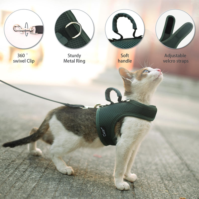 Cat Harness and Leash for Walking Escape Proof Breathable Mesh Fabric, Solid Green, Large, Adjustable Cat Walking Jackets with Handle, Padded Stylish Cat Vest L 8-12LBS Solid Green Mesh with Handle