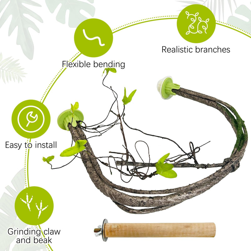 PINVNBY 2 PCS Bendable Bird Perches Simulation Branch Parrot Perch Stand with Green Leaf Hanging Paw Grinding Fork Cage Accessories for Parakeet Budgie Finch Cockatiel Conure (Large) Style 1 Large
