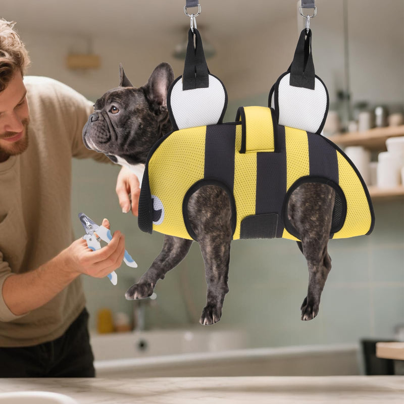 Dog Grooming Hammock for Small Dogs Cats, Cute Bee Design Dog Hanging Harness for Nail Trimming/Clipping, Pet Sling with Grooming Kit and Thick Neck Support & Strap Restraint Claw Care, XS X-Small Yellow Bee