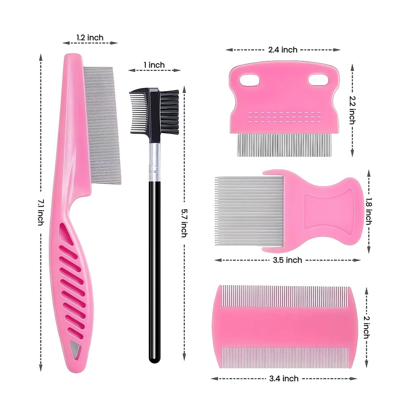 5 Pack Flea & Lice Comb Set for Cats, Dogs & Kids – Stainless Steel Fine Tooth Nit Comb Kit with Double-Sided Tear Stain Remover, Grooming Brush & Peine para Piojos for Thick Hair (Pink) Pink 1-Pack