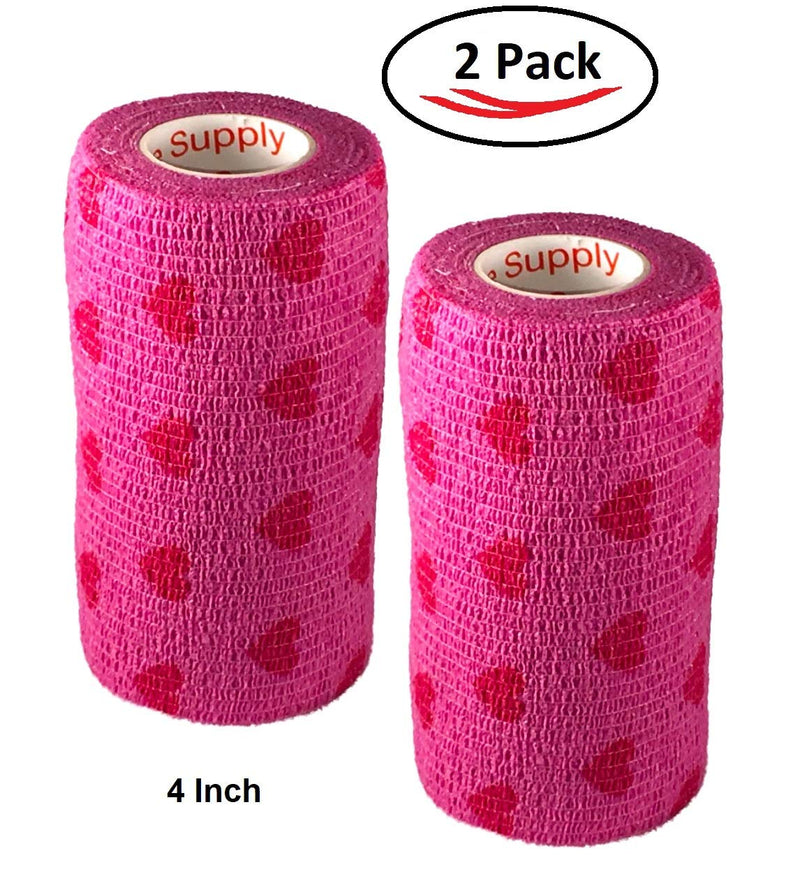 Vet Wrap Wrap Tape (Pink with Hearts) (2 Pack) (3 Inch x 15 feet) Self Adhesive Adherent Adhering Cohesive Flex Self Stick Bandage Grip Roll Dog Cat Pet Horse 2 Rolls