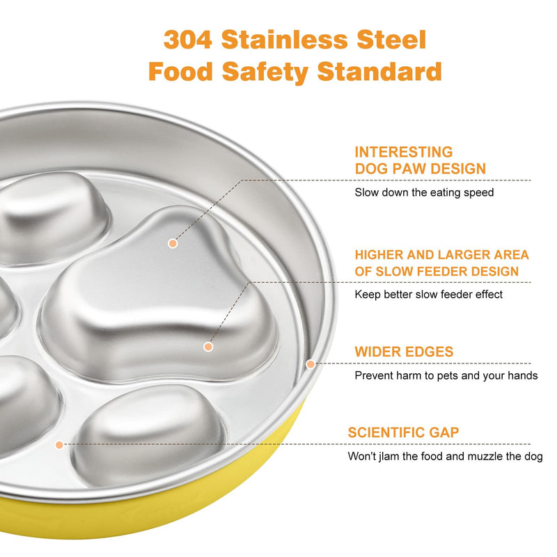 Slow Feeder Dog Bowls Stainless Steel, New Version Yellow Non-Slip Dog Slow Feeder Bowl,Dog Bowl Slow Feeder for Dog,Slow Down Eating Dog Bowl for Fast Eaters - PawsPlanet Australia