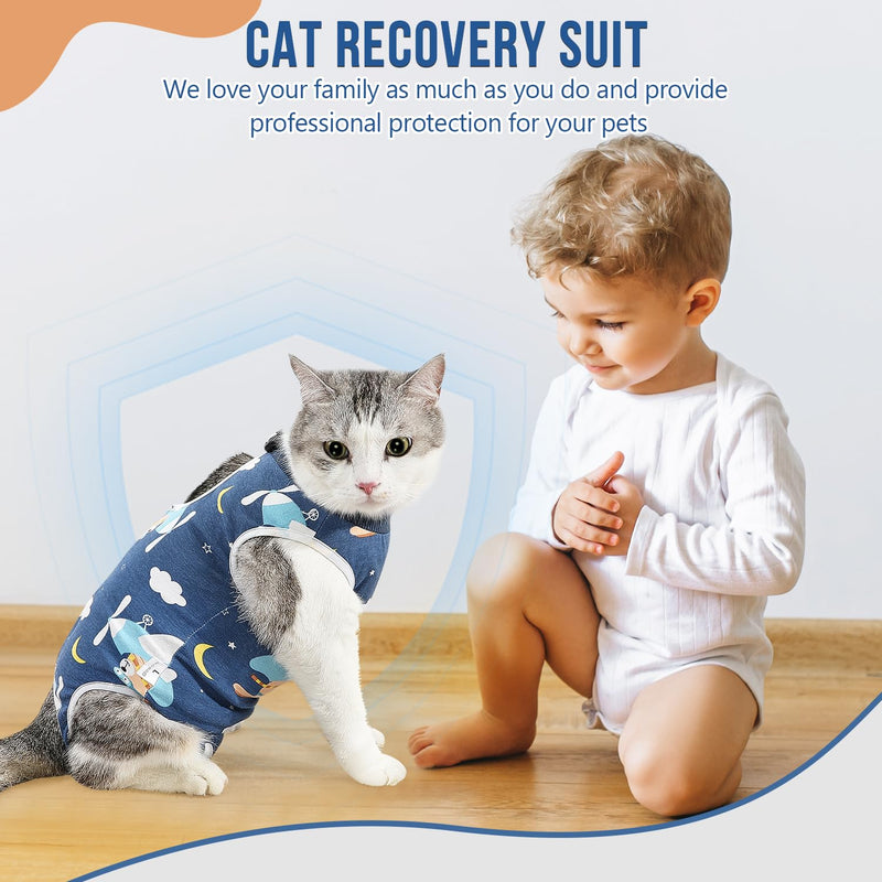 SlowTon Cat Recovery Suit - Cat Onesie for Cats After Surgery Female Male, Kitten Clothes Cat Surgical Spay Suit Abdominal Wounds, E-Collar Alternative Cats Bodysuit Shirt Anti-Licking (Blue, M) Medium Blue