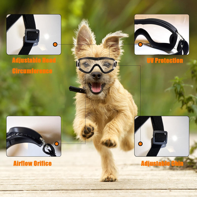 Dog Goggles Small Breed Dog Sunglasses with Adjustable for UV Protection Eyewear Doggy Doggie Puppy Glasses Anti-Fog Wind Dust Snowproof (Black Frame Transparent Lens) Black Frame Transparent Lens