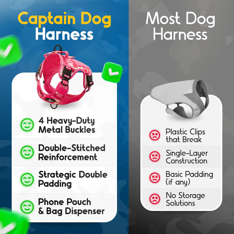 Pink No Pull Harness Vest for Medium Sized Dog with 4 Metal Buckles & Double Stitching CAPTAIN DOG - Reflective Pink Camo, Heavy Duty Girly Dog Harness, Tactical Harness with Poop Bag Holder. - PawsPlanet Australia