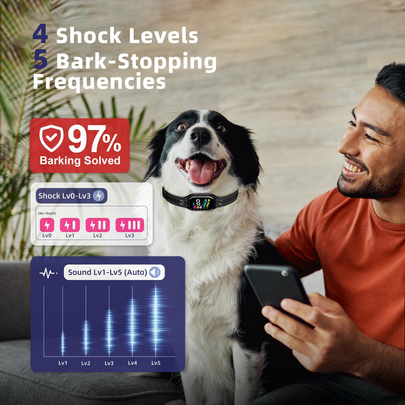 [2025 New Tech] Smart Bark Collar with Bark Tracking for Large Medium Small Dogs 8-130lbs, Rechargeable Anti Barking Training Collar with 9 Adjustable Sensitivity & 4 Shock Levels Gloss Black