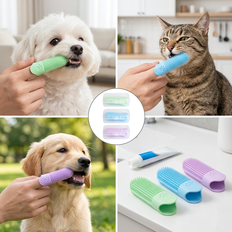 3-Piece Finger Brush Set for Dog Dental Care with Box, Dog Toothbrush Finger Brush, Tooth Finger Brush for Dogs and Cats, Easy to Use for Pet Owners