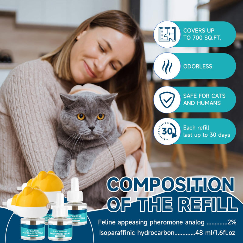 VICSOM Cat Calming Diffuser Kit, Cat Pheromones Calming Diffuser for Cat, 6-in-1 Cat Calm Plug in Kit with 2 Diffuser + 4 Refill, 120 Days Anti Anxiety Relief Stress Effect 2 diffuser+4 refills