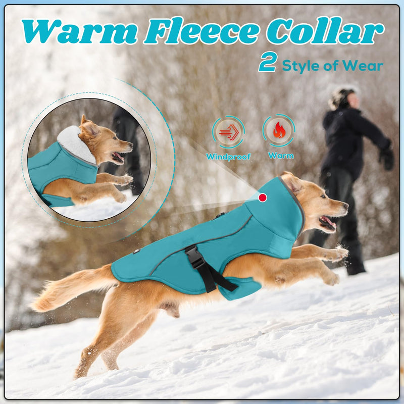 EMUST Dog Coat Winter, Waterproof Pet Snow Jacket for Winter, Adjustable Small/Medium/Large Dog Coat, Turquoise, L Large