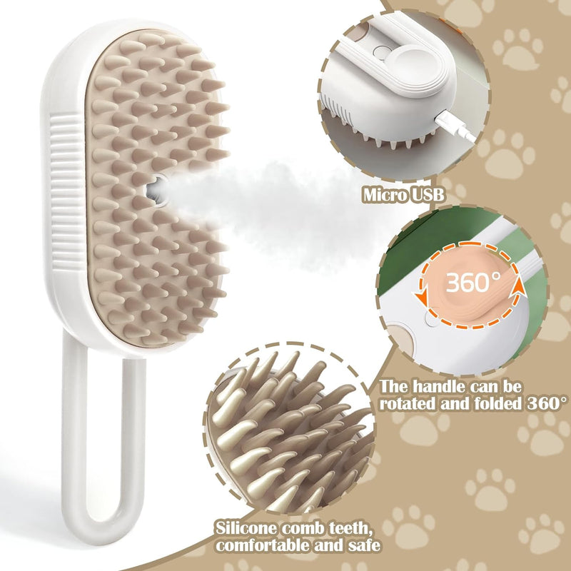 Cat Steam Brush - 5 In1 Grooming Kit for Cats and Dogs Silicone Massage Tool - Stainless Steel Nail Scissors - Hair Detangling Comb - Water Spray Rechargeable Shedding Wash-Free Essence (White) White - PawsPlanet Australia