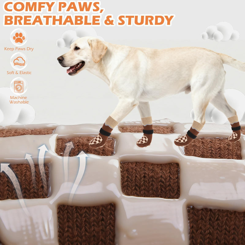EXPAWLORER Dog Socks to Prevent Licking Paws with Grippers for Hardwood Floors Anti Slip, Reflective Dog Cold Winter Shoes Booties Boots & Paw Protectors with for Small Medium Large Senior Dogs L Brown