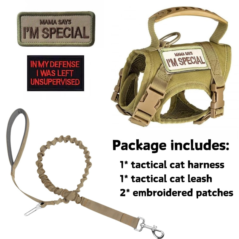 Tactical Cat Harness and Leash Set for Walking Escape Proof Adjustable Large Cat Vest Harness with Patches Soft Mesh Padding Rubber Handle Easy to Control (Khaki Harness & Leash) Khaki Harness & Leash - PawsPlanet Australia