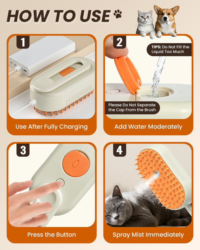 Cat Steam Brush for Shedding, Pet Steam Brush for Cats and Dog, 4 in 1 Rechargeable Cat Hair Brush, Spray Anti-Static, Massage, Cleaning, Shedding & Combing All In One, for Long & Short Haired Pets! Cream - PawsPlanet Australia