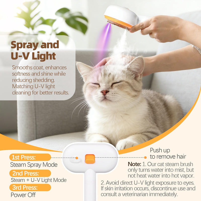 Steam Cat Brush, 3-in-1 Self-Cleaning Pet Steam Brush for Hair Remover & Massage. Cat brushes for Short & Long Haired Cats, Dog Brushes for Grooming & Shedding, Prevents Static, Cool Mist Only