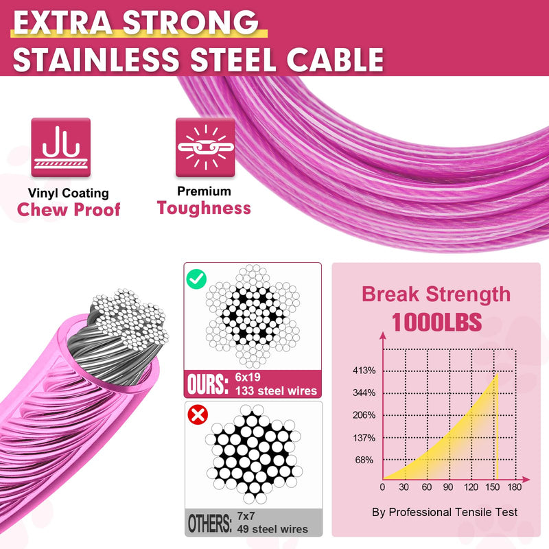 Snagle Paw Dog Lead Cable 20FT,Heavy Duty Outside Dog Leash Cable with Shock Absorbing Spring & Swivel Hook,Dog Tether for Yard,Dog Line for Small Large Dogs,Withstand 1000LBS Break Strength Pink Mauve - PawsPlanet Australia